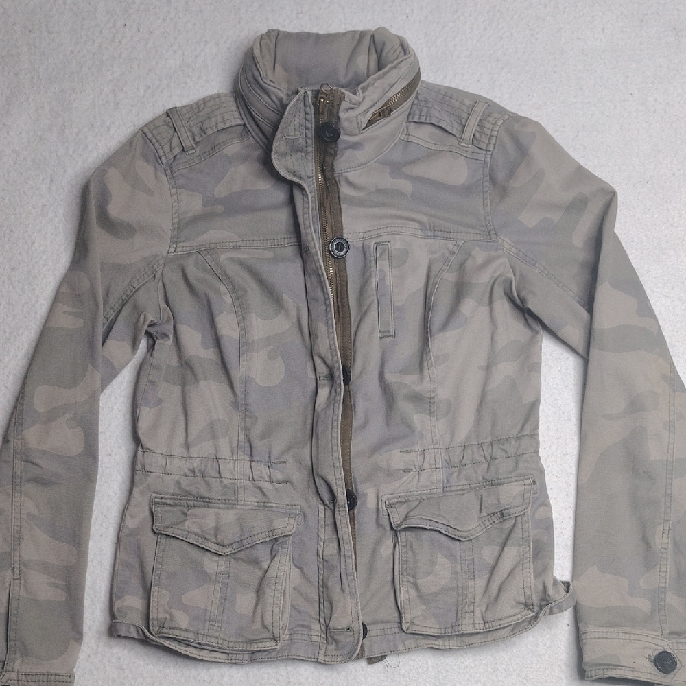 Abercrombie & Fitch Women Field Jacket M Grey Camo Cotton Utility Hooded Coat